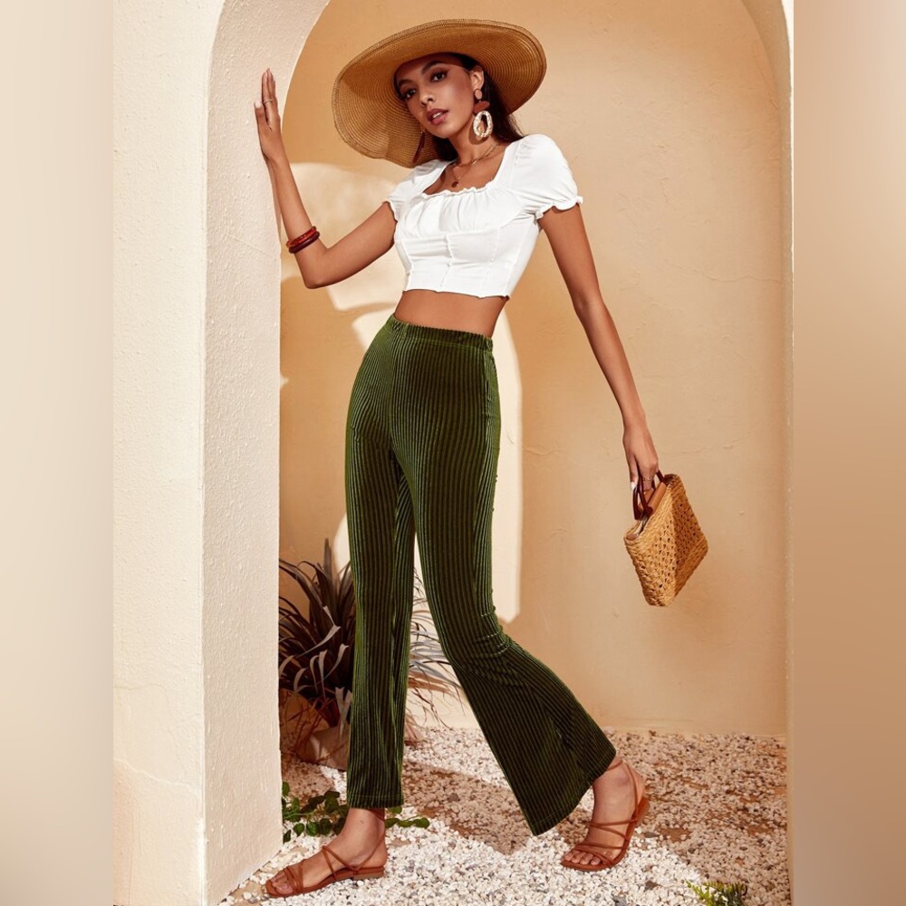 Shein High Waist Velvet Flare Leg Green Ribbed Pull On Pant Size Medium
